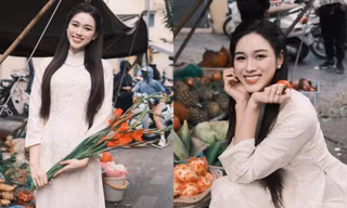 Hoa hậu Đỗ Thị Hà diện áo dài dịu dàng đi chợ Tết trong chiều cuối năm