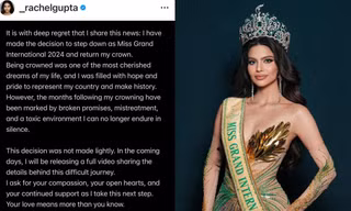NÓNG: Đương kim Miss Grand International 2024 Rachel Gupta từ bỏ vương miện