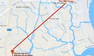 Khoảng cách từ bãi rác Đa Phước (huyện Bình Chánh) đến Khu đô thị Phú Mỹ Hưng (quận 7) khoảng 20 km. Ảnh: Google maps.