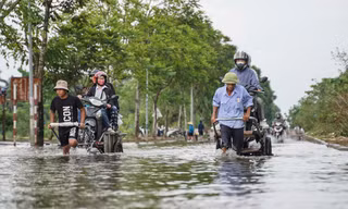 Người dân qua đại lộ Thăng Long bỏ 50.000 đồng/lượt xe bò để ‘vượt ngập’