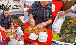 Quầy bánh mì "cắt" ven đường đông kín khách, cách ăn khiến hội niềng răng rất mê
