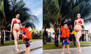 Bà bầu tháng 8 Khánh Thy khoe ảnh bikini quyến rũ bên chồng con