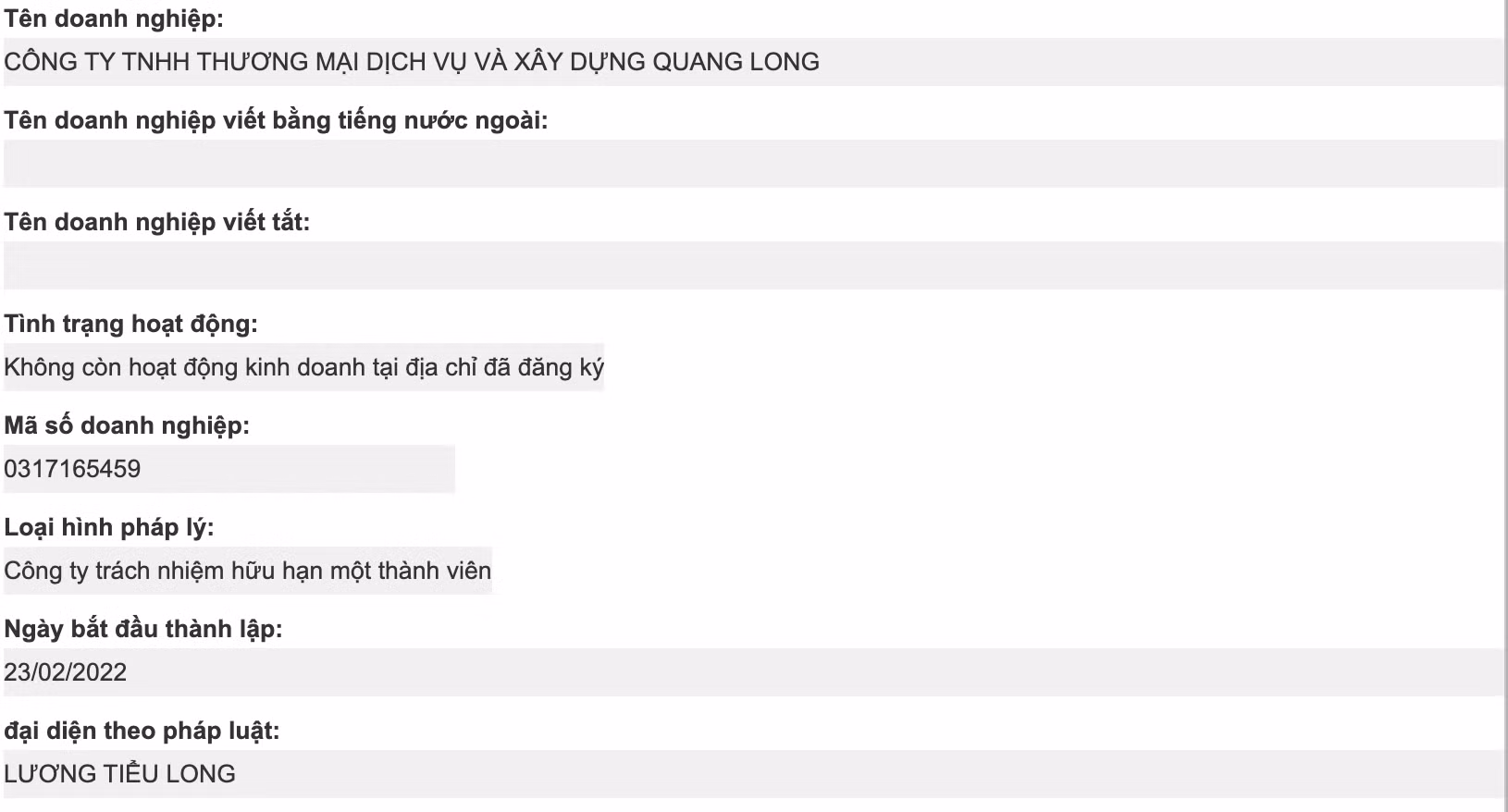 Cổng thông tin quốc gia về đăng ký kinh doanh ghi nhận doanh nghiệp mạo danh anh Long ở trạng thái không hoạt động tại địa chỉ đã đăng ký.