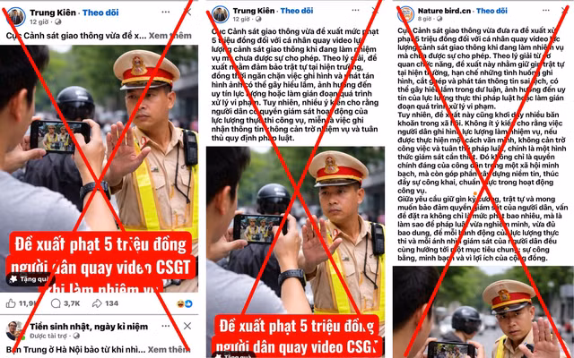 Hình ảnh do AI tạo ra đính kèm thông tin sai sự thật về việc phạt tiền người dân quay video CSGT khi đang làm nhiệm vụ. (Ảnh: CACC)
