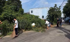 TPHCM: Nhóm bạn trẻ 'đi bão' được Công an cho dọn vệ sinh khu phố