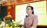 Bà Nguyễn Thị Hà - Chủ tịch Mặt trận Tổ quốc tỉnh Bắc Ninh thông tin về đại hội. Ảnh: Nguyễn Thắng