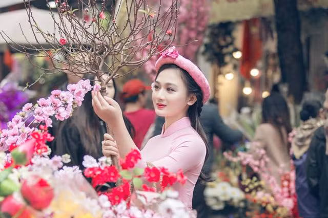 Nữ sinh Ngoại thương khoe sắc cùng hoa đào 