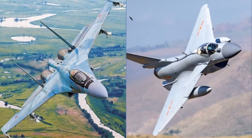 Tiêm kích J-10C của Trung Quốc (phải) và Su-35 Nga