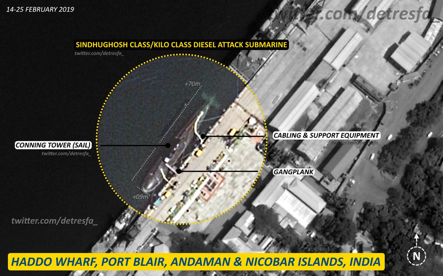 Hình ảnh vệ tinh cho thấy tàu ngầm Ấn Độ neo đậu ở Port Blair, thuộc quần đảo Andaman-Nicobar