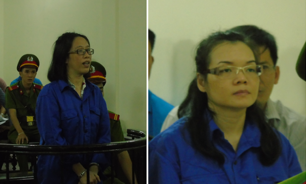Huỳnh Thị Bảo Ngọc (bìa trái) và Huỳnh Thị Huyền Như tại toà.