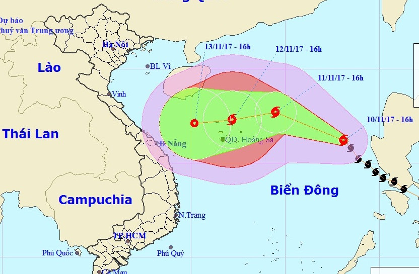 Dự báo đường đi của bão số 13. Ảnh: Trung tâm Dự báo Khí tượng Thuỷ văn Trung ương.