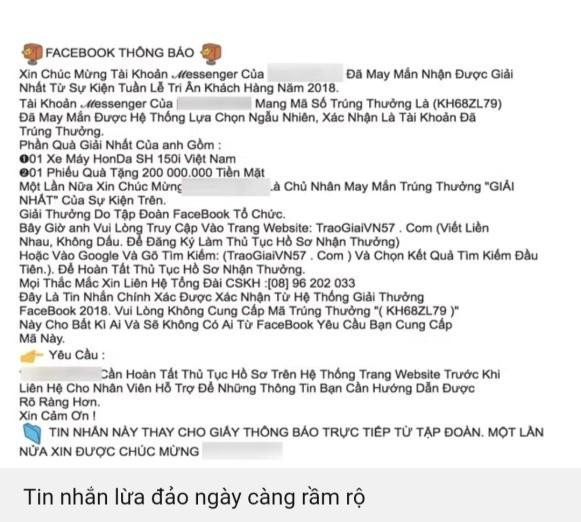 Một tin nhắn lừa đảo được gửi qua messenger của Facebook