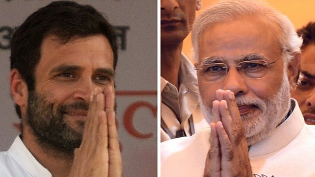 Rahul Gandhi (trái) and Narendra Modi