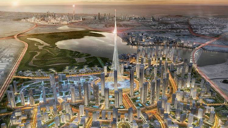 Hình ảnh mô phỏng dự án Dubai Creek Harbour trong đó có toà nhà cao nhất thế giới The Tower