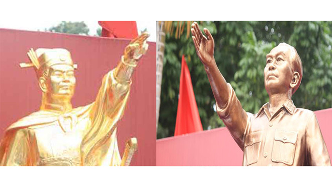 Tượng Lý Thường Kiệt và tượng Võ Nguyên Giáp của Trần Văn Thức có điểm chung ở cánh tay giơ lên cao. Ảnh: N.M.Hà