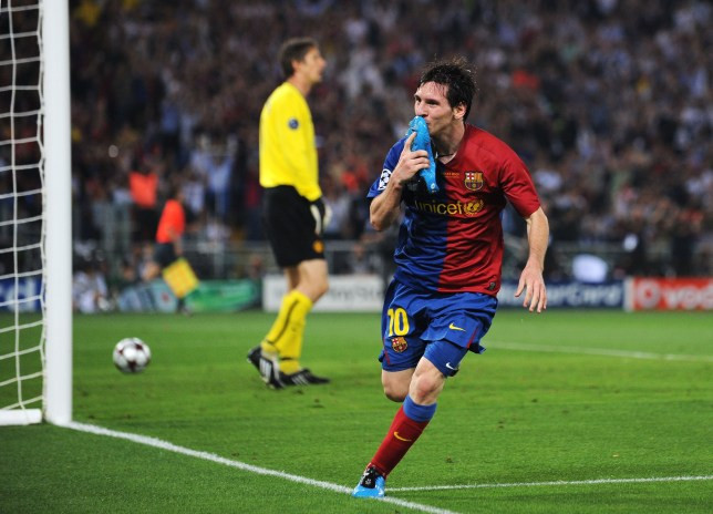 Lionel Messi ăn mừng bàn thắng vào lưới M.U ở trận chung kết Champions League 2009