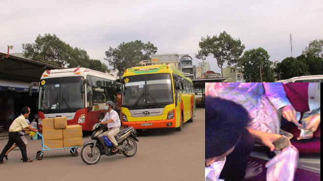 Bãi xe đón trả khách của Thành Bưởi trên đường Lê Hồng Phong - Quận 5 - TPHCM gần trụ sở Thanh tra GTVT (ảnh lớn). Xe hợp đồng, nhưng nhân viên thu tiền riêng từng khách (ảnh nhỏ). Ảnh: Bảo An