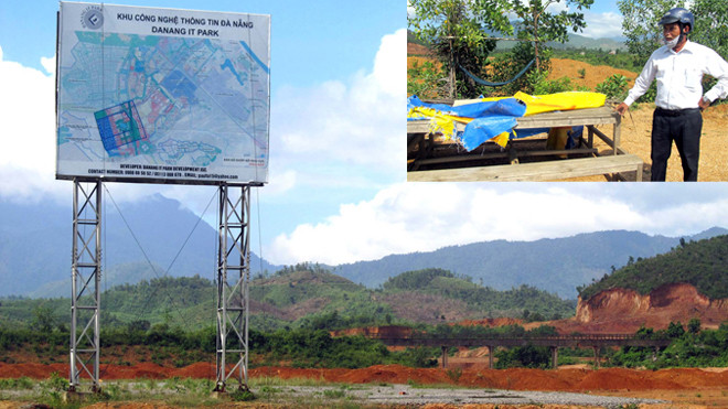 “Thung lũng Silicon” vẫn đang im lìm như thế này, chỉ có tấm bảng nhận biết (ảnh lớn); Anh Nguyễn Văn Đức bên cạnh lán trại đổ nát vì bị trộm (ảnh nhỏ). Ảnh: Nam Cường