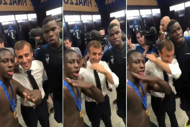 Benjamin Mendy ‏và Paul Pogba dạy Tổng thống Macron nhảy "dab" ăn mừng chiến thắng.