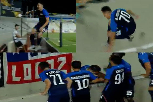 Benjamin Kololli ngã xuống đường hầm khi ăn mừng bàn thắng.