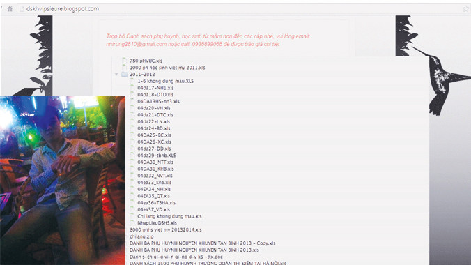 Đầu nậu Huấn đang giới thiệu danh sách khách hàng (ảnh nhỏ). Trang bolg rao bán thông tin cá nhân (ảnh to)