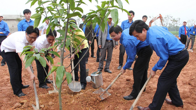 Thanh niên trồng cây tại khu tưởng niệm