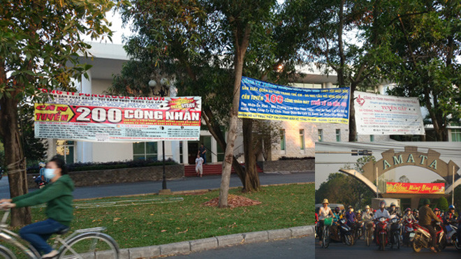 Các biển tuyển công nhân như thế này giăng đầy khu chế xuất Tân Thuận nhưng số lượng tuyển chỉ 50-100 công nhân mỗi Cty (ảnh lớn).ảnh: L.N. Công nhân đã trở lại làm việc sau kỳ nghỉ Tết ở KCN Amata (ảnh nhỏ). ảnh: Đ.M