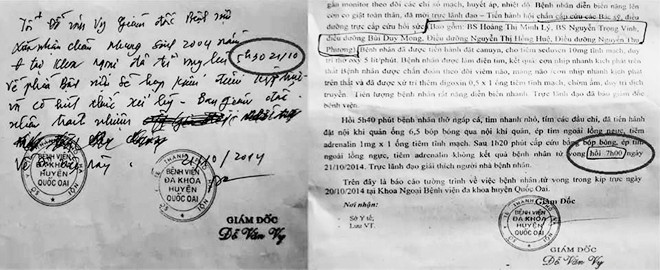 Xác nhận của bệnh viện với gia đình bệnh nhân (trái) và bản tường trình gửi Sở Y tế có sự khác nhau về thời điểm cháu Nhung tử vong 