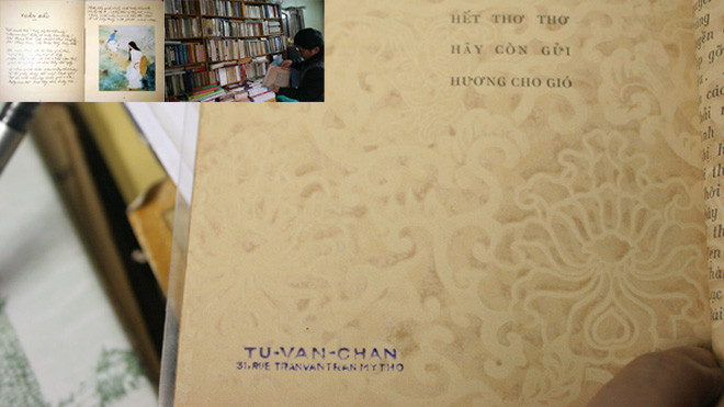 Cuốn “Một chùm thơ” bản chép tay của nhà thơ Xuân Diệu in tại Paris năm 1983, số lượng 300 cuốn, có tranh minh họa màu (Ảnh: Diễn đàn Sách xưa); Họa sĩ Vũ Nhật Thăng bên giá sách của anh (Ảnh: Trần Thanh); Trang cuối cuốn “Thơ thơ” mà nhà sưu tập Trịnh