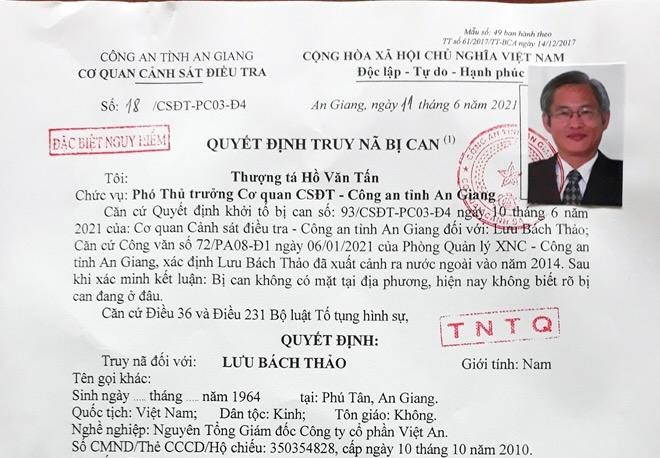 Nguyên Tổng giám đốc Công ty Việt An bị truy nã đặc biệt nguy hiểm