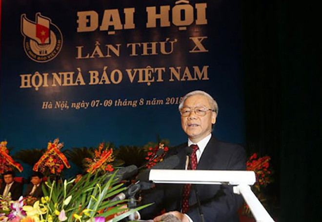 Tổng Bí thư Nguyễn Phú Trọng dự và phát biểu tại Đại hội đại biểu toàn quốc lần thứ X Hội Nhà báo Việt Nam năm 2015