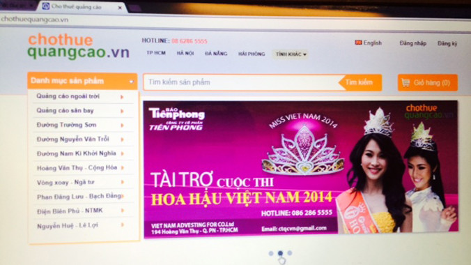Trên trang web của mình, Công ty Cho thuê quảng cáo Việt Nam tự ý treo quảng cáo và quyền lợi các gói tài trợ cho cuộc thi Hoa hậu Việt Nam, sau khi báo đăng mới được gỡ bỏ. Ảnh: L.N