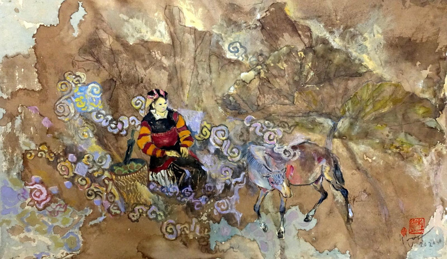 (Tranh giấy dó, "Người Lô Lô trên núi" của họa sỹ Đỗ Đức )