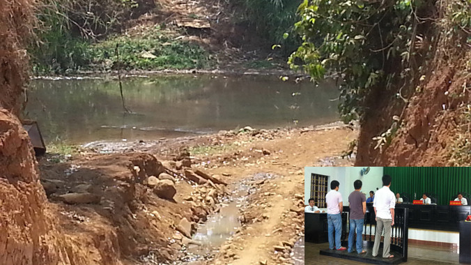 Con đường chở mì chạy giữa vùng đồi núi và khe suối hiểm trở (ảnh lớn); Ba ông nông dân tại phiên tòa (ảnh nhỏ). Ảnh: Sáu Nghệ