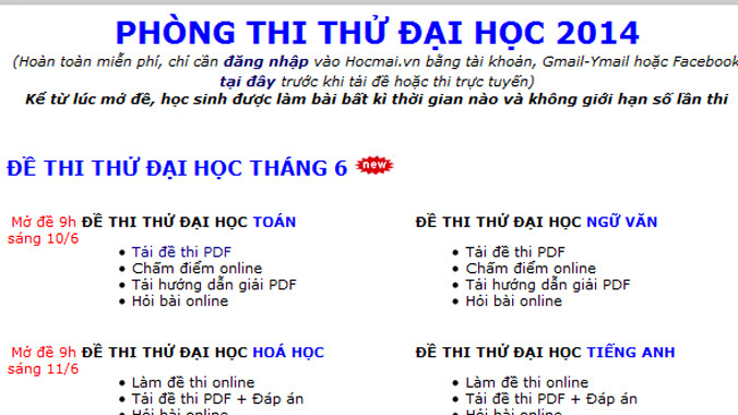 Thi thử đại học online trong tháng 6