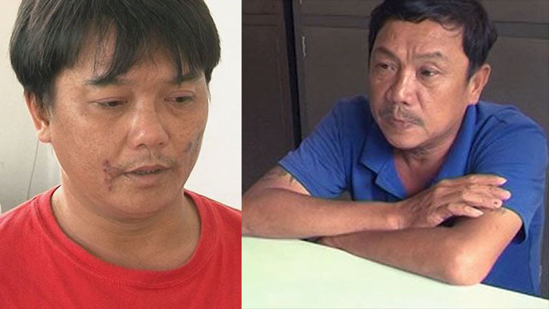 Trần Thanh Lộc (áo đỏ) và Vũ Minh Hùng tại cơ quan công an