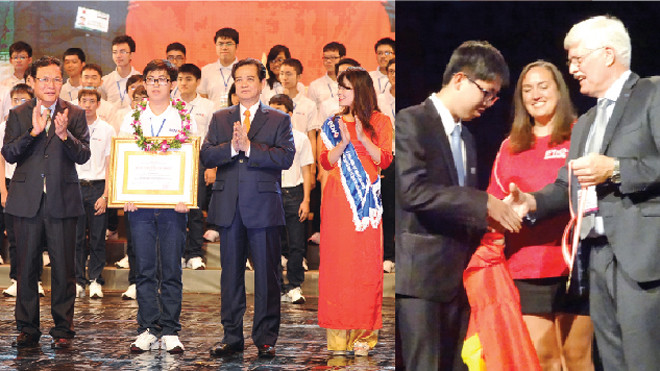 Thủ tướng Nguyễn Tấn Dũng và Bộ trưởng Giáo dục Phạm Vũ Luận trao bằng khen và vòng nguyệt quế cho Phi Long (ảnh trái); Ông Hans Jordens - Chủ tịch IPhO (Olympic Vật lý Quốc tế) trao HCV cho Phi Long (ảnh phải)