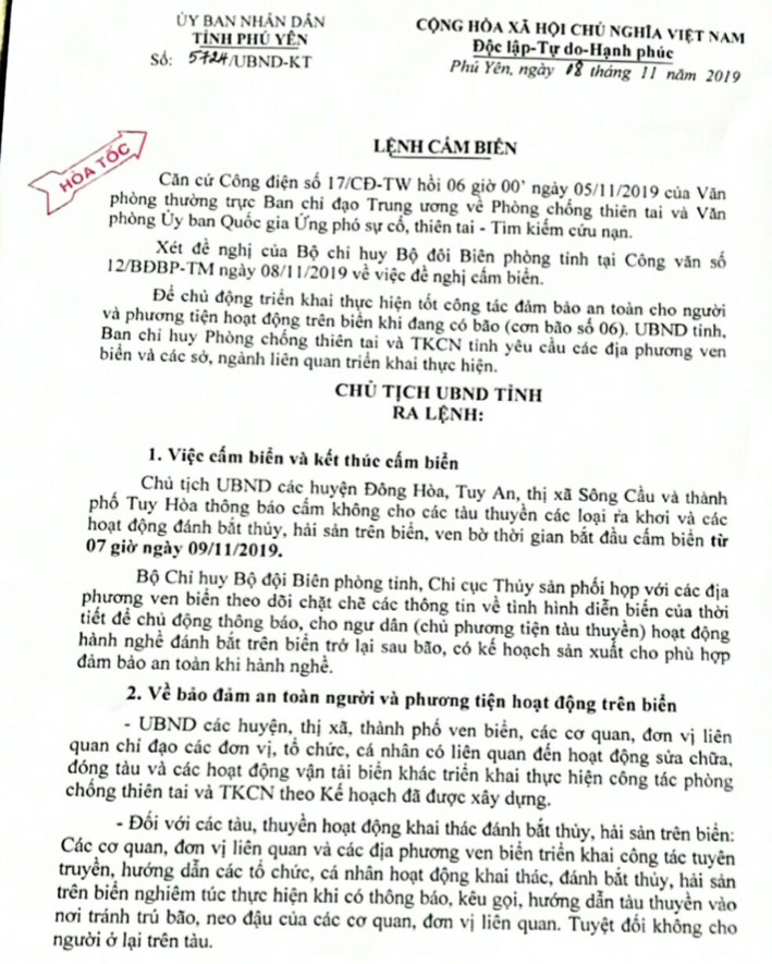 Phú Yên ra công điện cấm biển từ sáng 9/11 