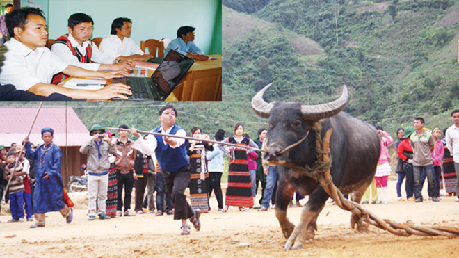 Cán bộ xã Gary đã bớt tiệc tùng để mua và học sử dụng máy tính (ảnh nhỏ); Gary - nơi sinh sống của nhiều bà con dân tộc Cơ Tu với văn hóa phong phú, trong đó có lễ hội đâm trâu. Ảnh: Nguyễn Thành