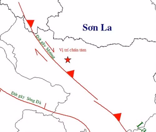  Vị trí tâm chấn động đất huyện Mường La, Sơn La lúc 19 giờ 14. (Nguồn: Viện Vật lý địa cầu) 