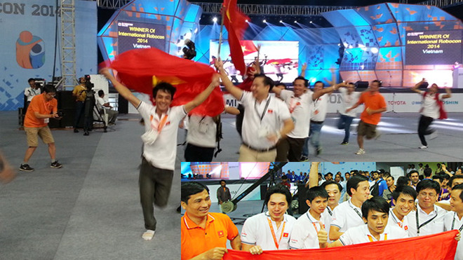 Cờ Việt Nam tung bay trên sân thi đấu ở Ấn Độ (ảnh lớn) và niềm vui vỡ òa của thầy trò trường Lạc Hồng