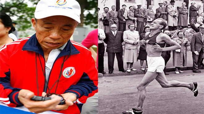 Emil Zatopek (phải) trên đường đua marathon và HLV lão làng Bùi Lương
