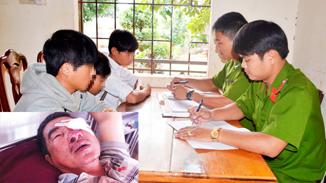 Đối tượng Cường, Phương, Thạnh tại cơ quan điều tra (từ trái qua); Ông Lương - nạn nhân vụ ném đá (ảnh nhỏ)