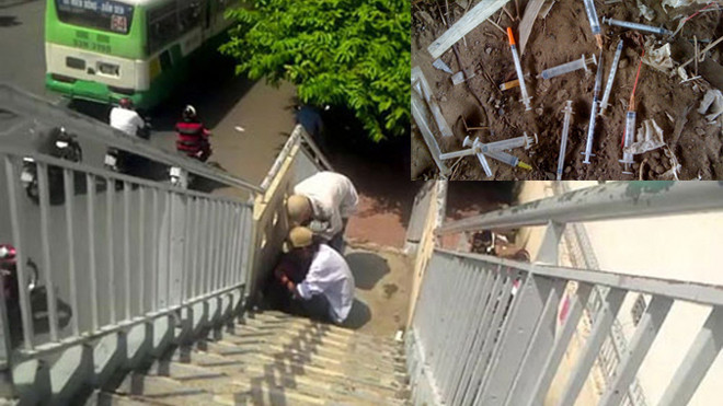 Người nghiện chích ma túy trên cầu vượt đường Nơ Trang Long, gần nhà chờ xe buýt trước bệnh viện Ung bướu TPHCM (ảnh to); Kim tiêm, ống chích người nghiện vứt bừa bãi gần nhà chờ xe buýt (ảnh nhỏ). Ảnh: SH
