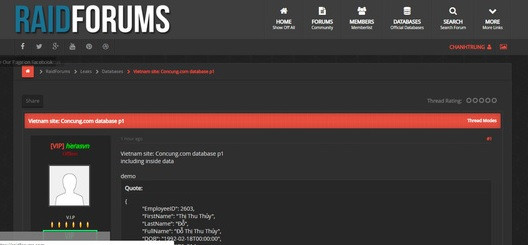 Ảnh chụp màn hình thông tin về nhân viên của Con Cưng mà hacker đã đưa lên mạng. Ảnh: Chánh Trung.