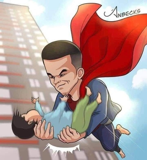 Hình vẽ của cộng đồng mạng về khoảnh khắc Nguyễn Ngọc Mạnh cứu cháu bé rơi từ tầng cao chung cư ở quận Thanh Xuân.