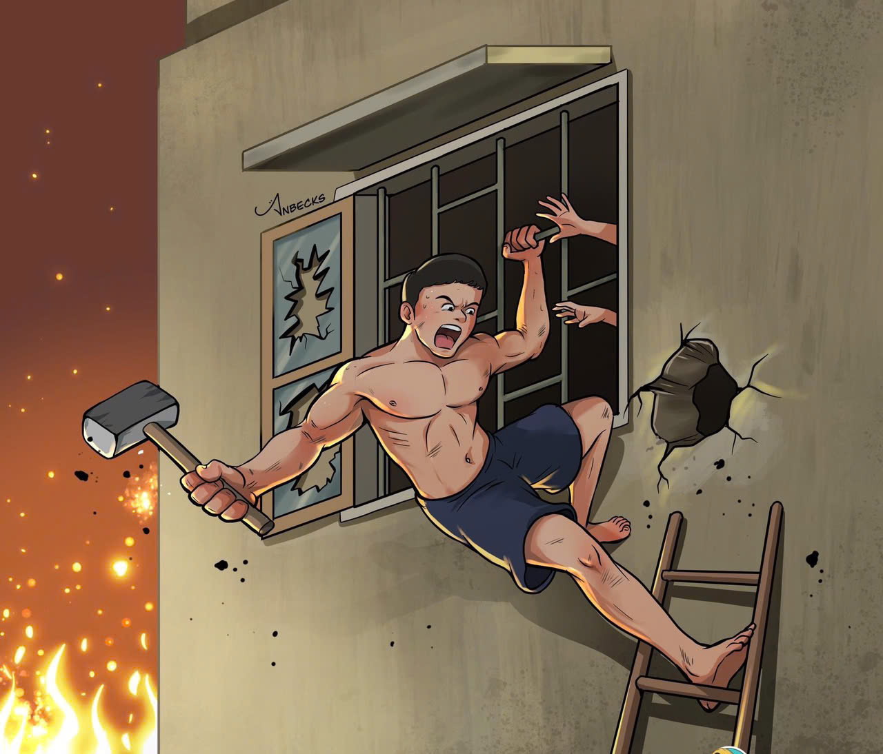 Hình vẽ trên mạng xã hội cảnh Đồng Văn Tuấn đập tường cứu giúp nạn nhân trong vụ cháy ở phố Trung Kính, và hình ảnh Đồng Văn Tuấn chạy xe ôm công nghệ tại Hà Nội. Ảnh: Trọng Tài.