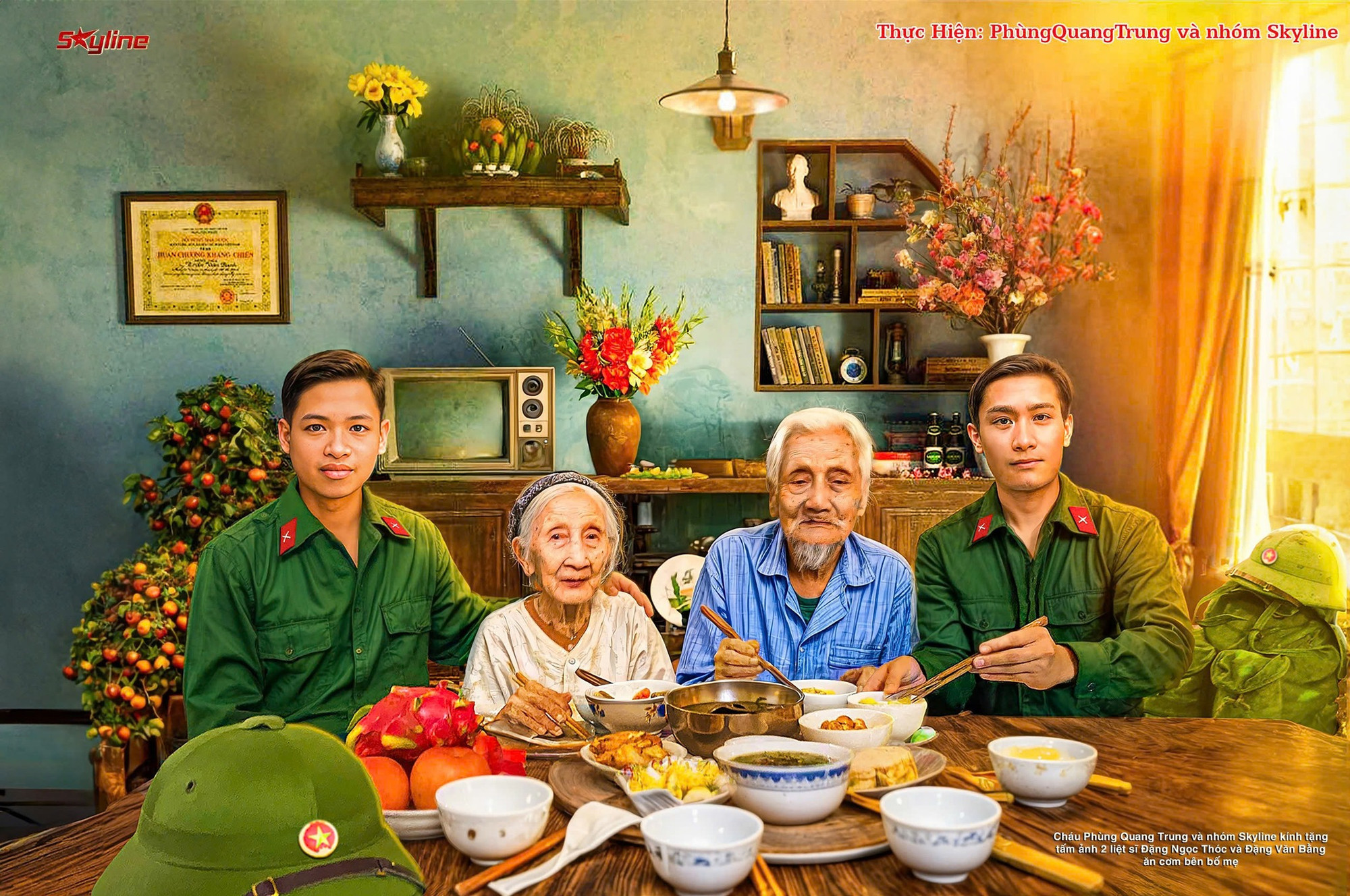 Bức ảnh &quot;Bữa cơm bên mẹ&quot; được nhóm Skyline kỳ công phục dựng chân dung 2 liệt sĩ bên mâm cơm với Mẹ Việt Nam anh hùng Nguyễn Thị Ngách (Hải Dương).