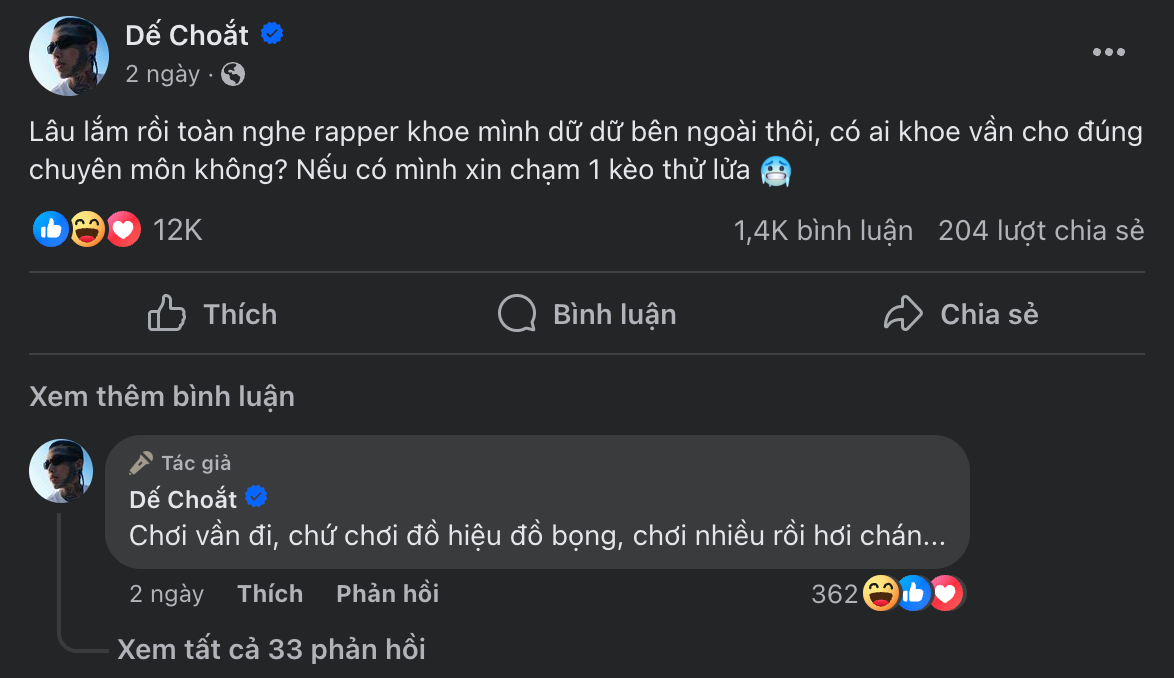 Bài đăng của Dế Choắt khiến cộng đồng rap dậy sóng. Bài đăng của Dế Choắt khiến cộng đồng rap dậy sóng.