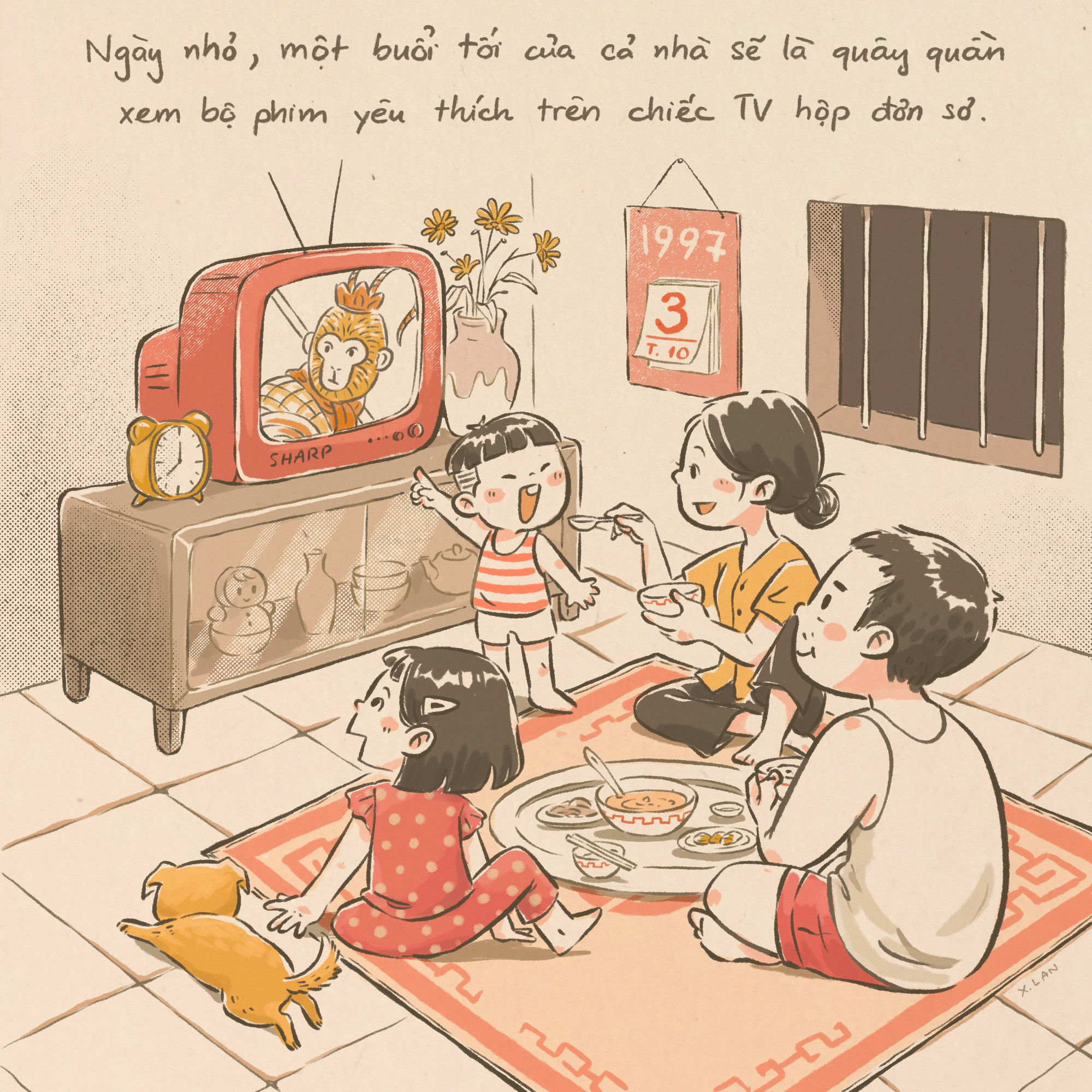 Mâm cơm gia đình qua nét vẽ của X.Lan.